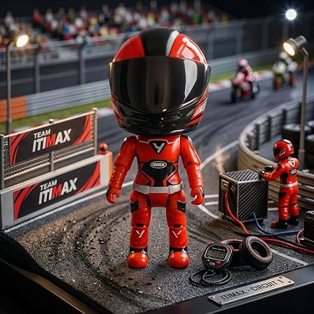 Die-Cast MotoGP Helmet Racing Mini Figure | Poseable Transforming Biker Action Toy | Metal Collectible Desk Figure (Red)